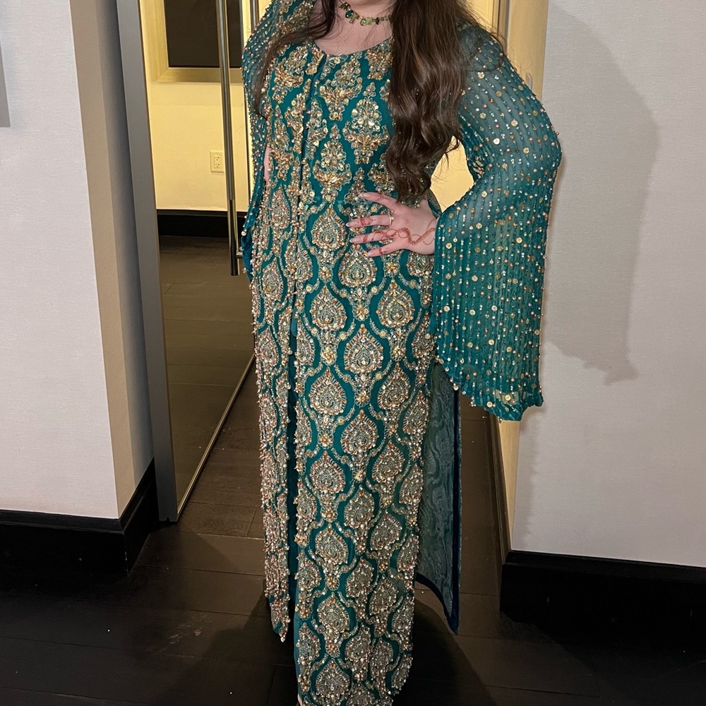 Pakistani Designer Salwar Kameez by Kanwal Malik - Lolita (XL) in dark green